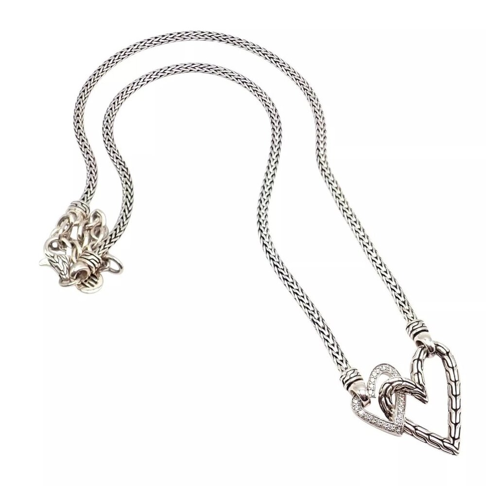 Authentic! John Hardy JH Silver Diamond Double Heart Manah Necklace